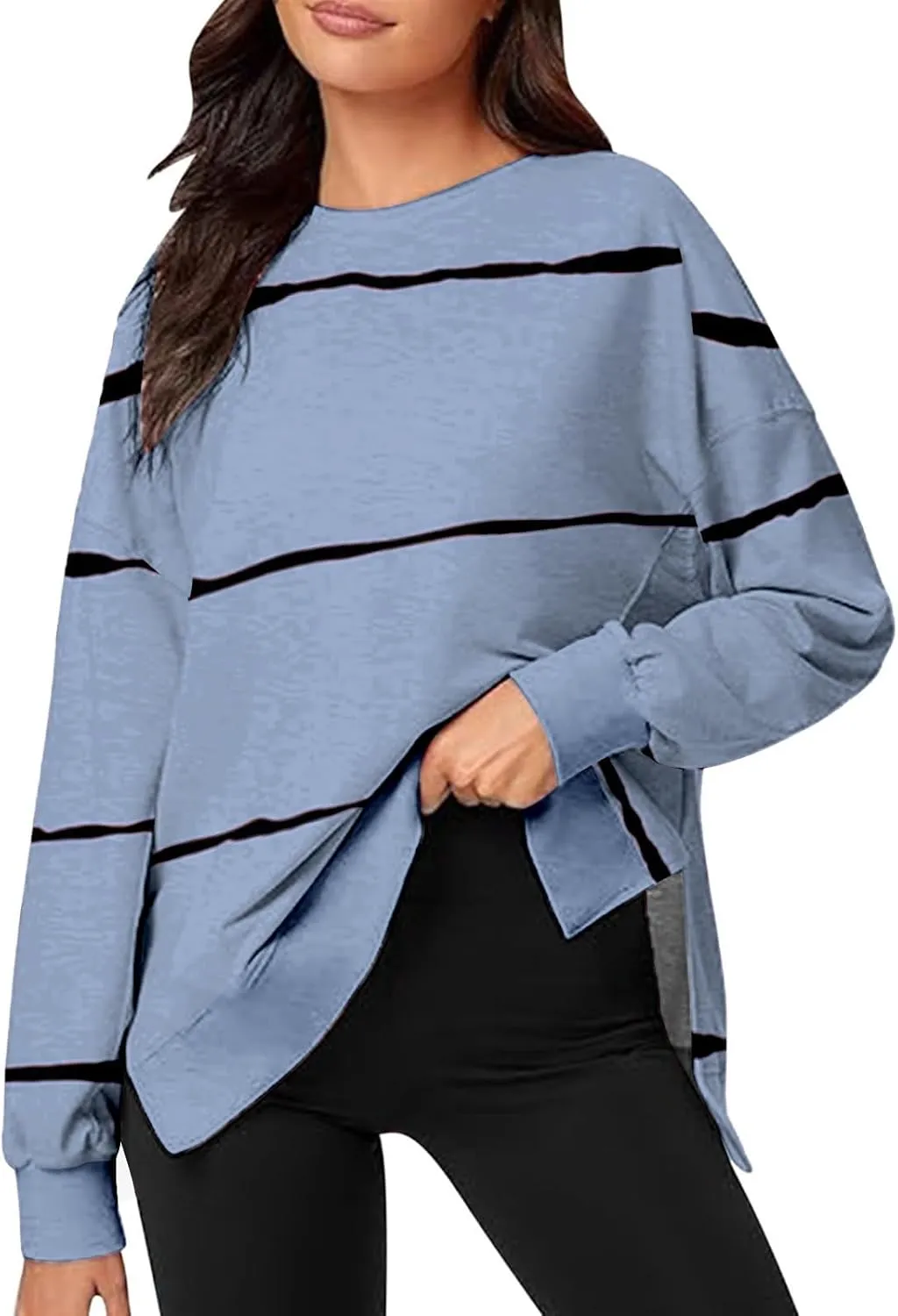 Oversized Striped Sweatshirts for Women Loose Side Slit High Low Hem Pullover Sweatshirts Autumn Casual Sports Hoodie