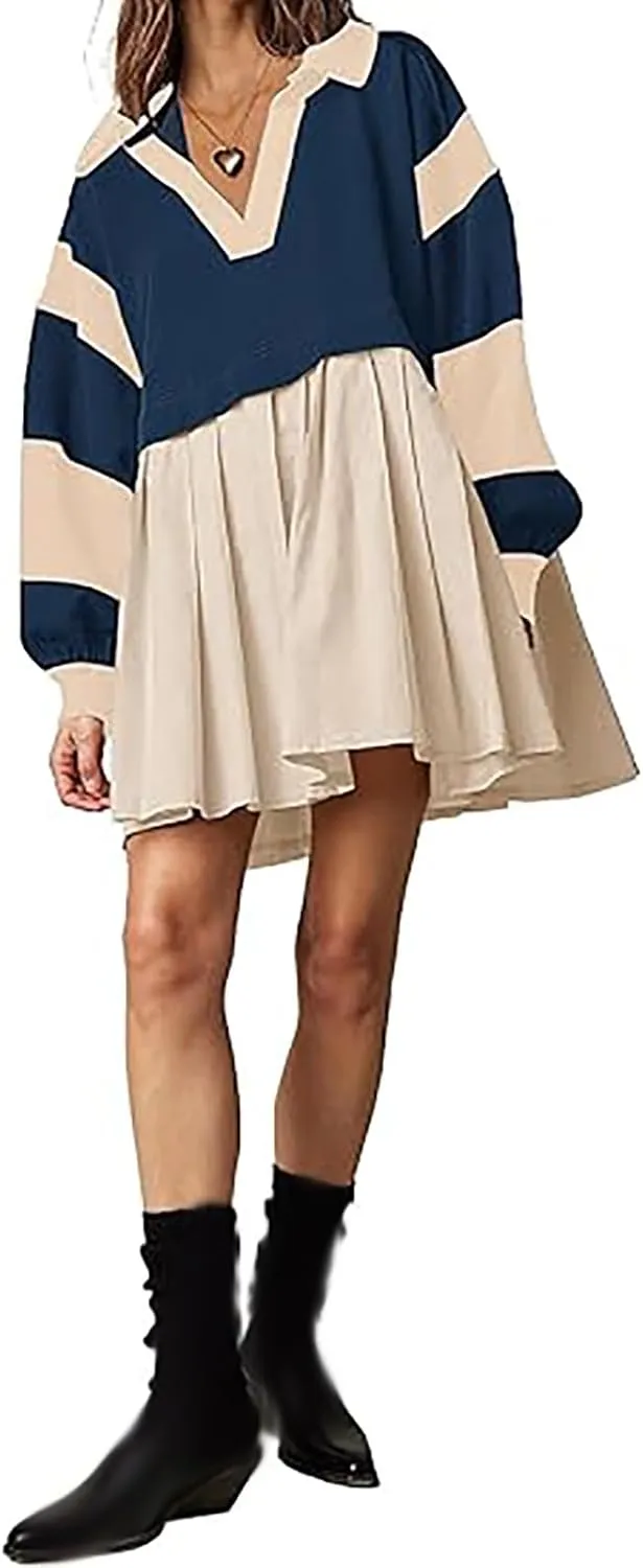 Oversized Sweatshirt for Women Long Sleeve V Neck Patchwork Pleated Pullover Mini Dress Fall Clothes 2024