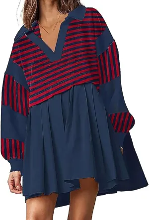Oversized Sweatshirt for Women Long Sleeve V Neck Patchwork Pleated Pullover Mini Dress Fall Clothes 2024