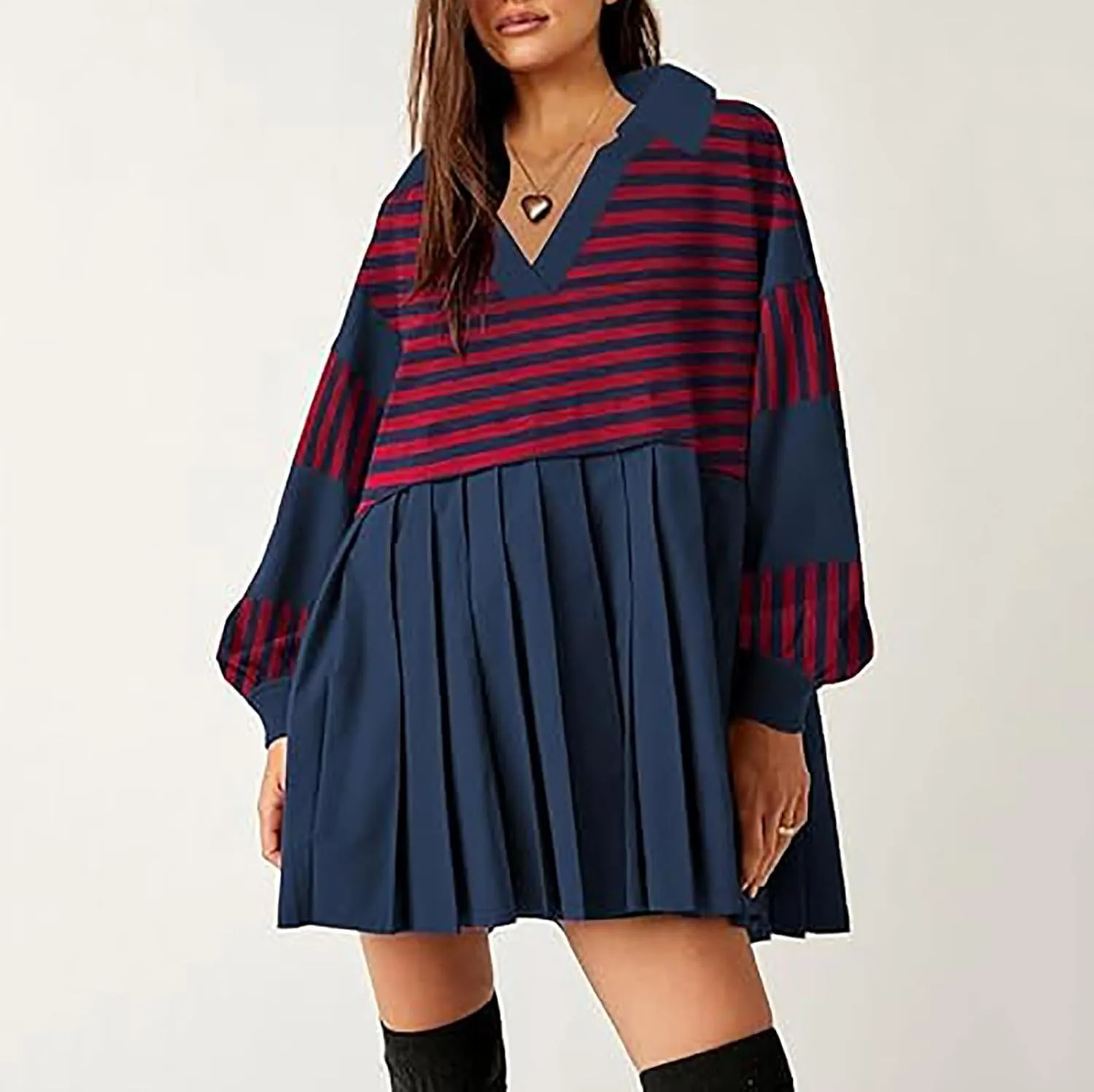 Oversized Sweatshirt for Women Long Sleeve V Neck Patchwork Pleated Pullover Mini Dress Fall Clothes 2024