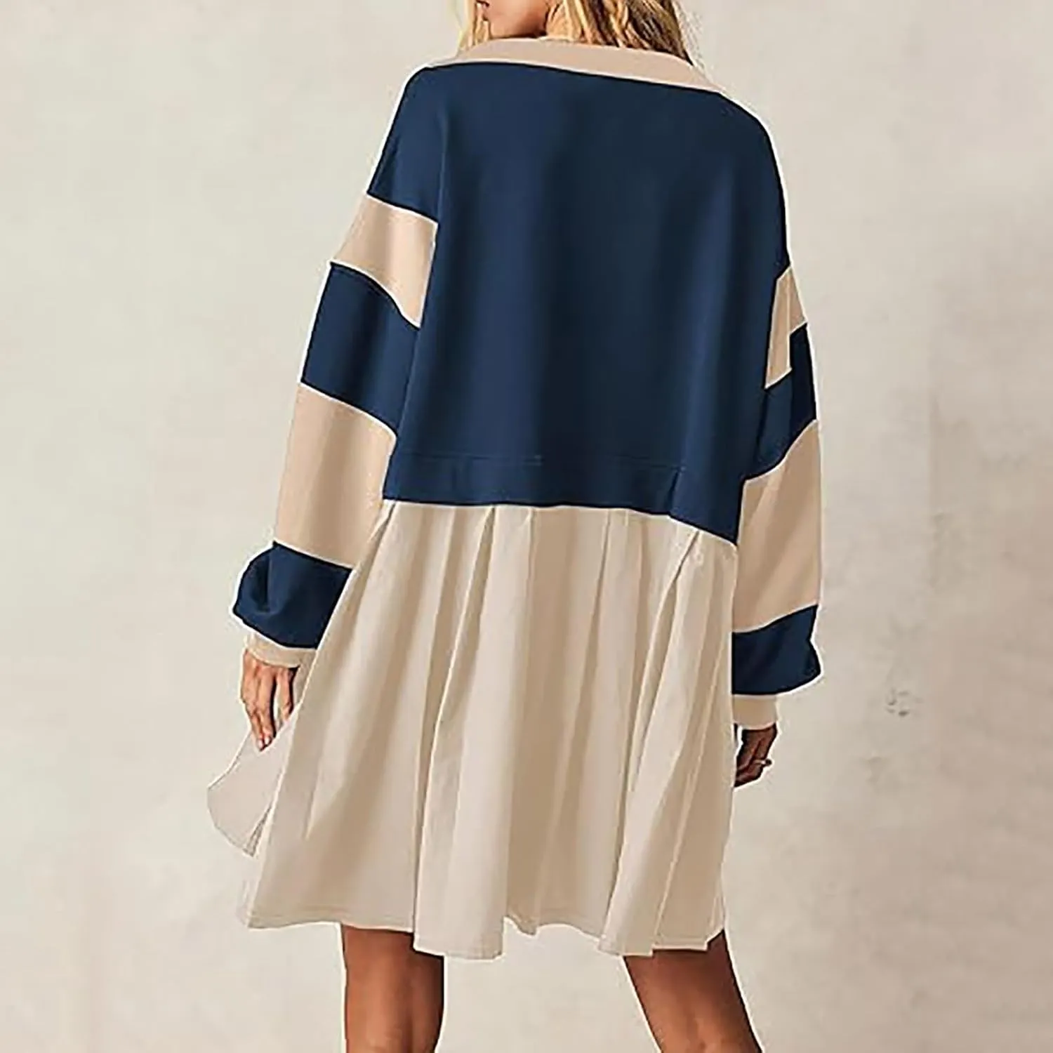 Oversized Sweatshirt for Women Long Sleeve V Neck Patchwork Pleated Pullover Mini Dress Fall Clothes 2024