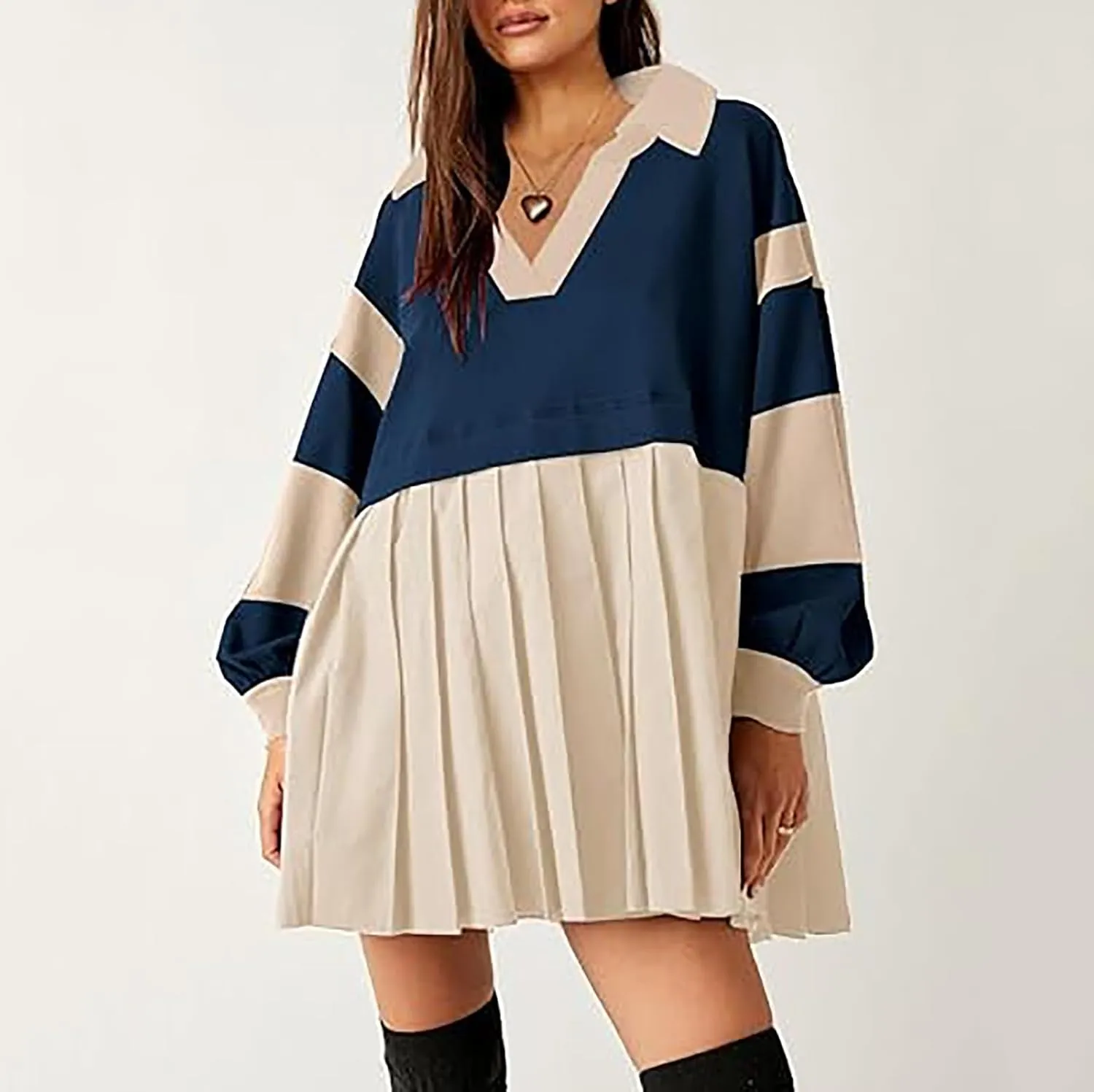 Oversized Sweatshirt for Women Long Sleeve V Neck Patchwork Pleated Pullover Mini Dress Fall Clothes 2024