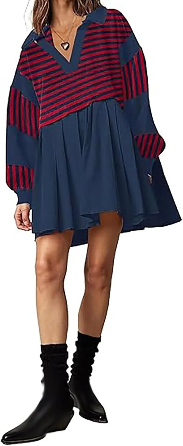 Oversized Sweatshirt for Women Long Sleeve V Neck Patchwork Pleated Pullover Mini Dress Fall Clothes 2024