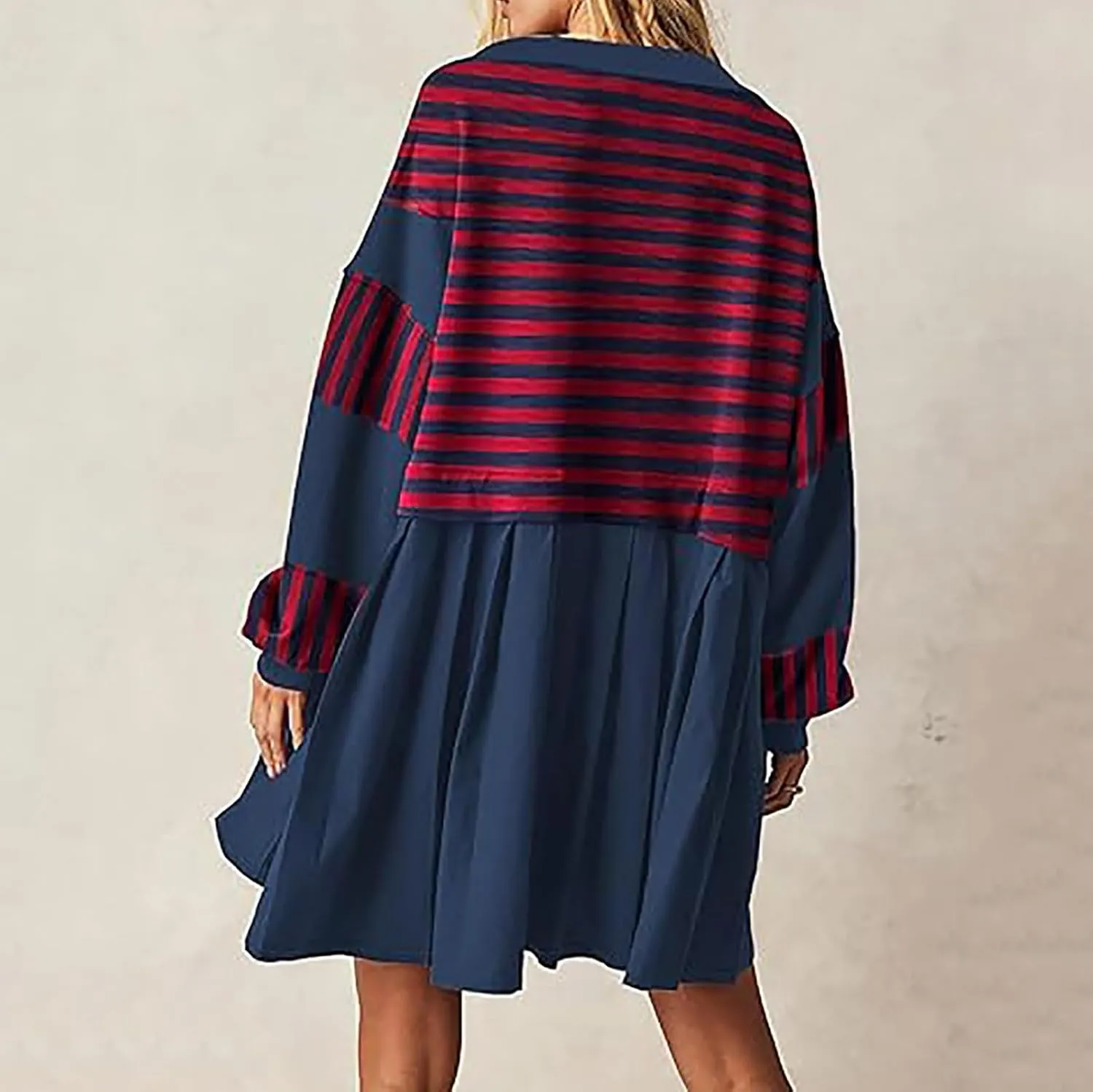 Oversized Sweatshirt for Women Long Sleeve V Neck Patchwork Pleated Pullover Mini Dress Fall Clothes 2024