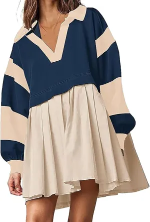 Oversized Sweatshirt for Women Long Sleeve V Neck Patchwork Pleated Pullover Mini Dress Fall Clothes 2024