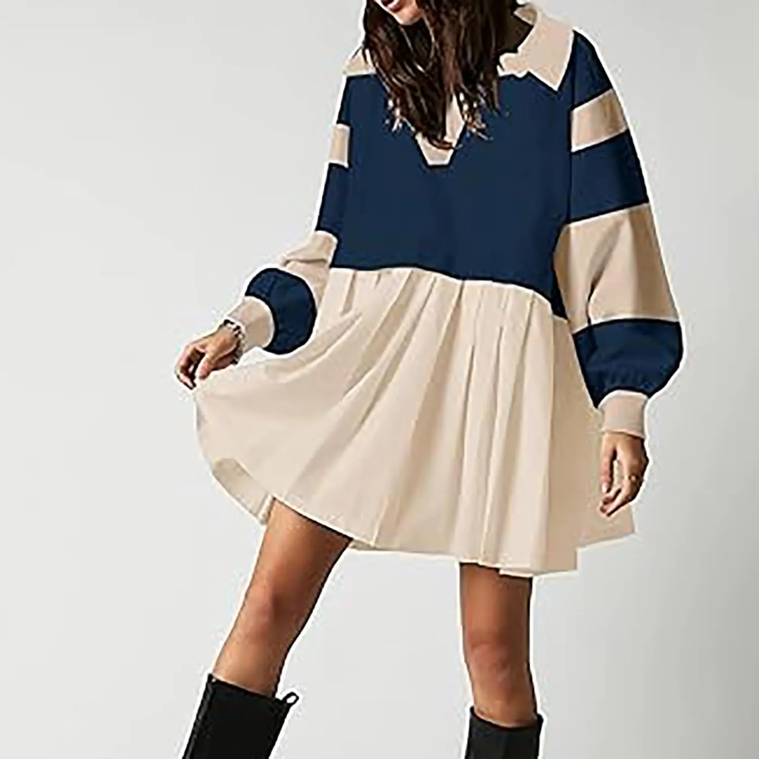 Oversized Sweatshirt for Women Long Sleeve V Neck Patchwork Pleated Pullover Mini Dress Fall Clothes 2024