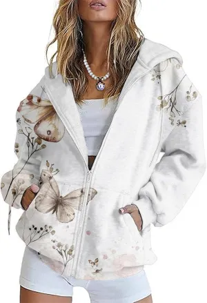 Oversized Sweatshirt Women Butterfly Graphic Hoodies Y2K Full Zip Up Long Sleeve Fall Sweatshirts Drawstring Jackets
