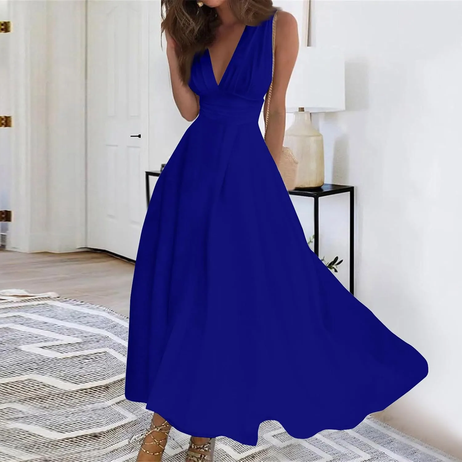 Palaver Summer Dresses for Women 2025 Elegant Wrap V Neck Sleeveless Maxi Dress Print Flowy Beach Vacation Boho Sundresses