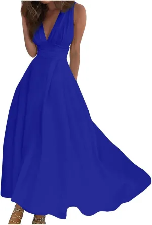 Palaver Summer Dresses for Women 2025 Elegant Wrap V Neck Sleeveless Maxi Dress Print Flowy Beach Vacation Boho Sundresses