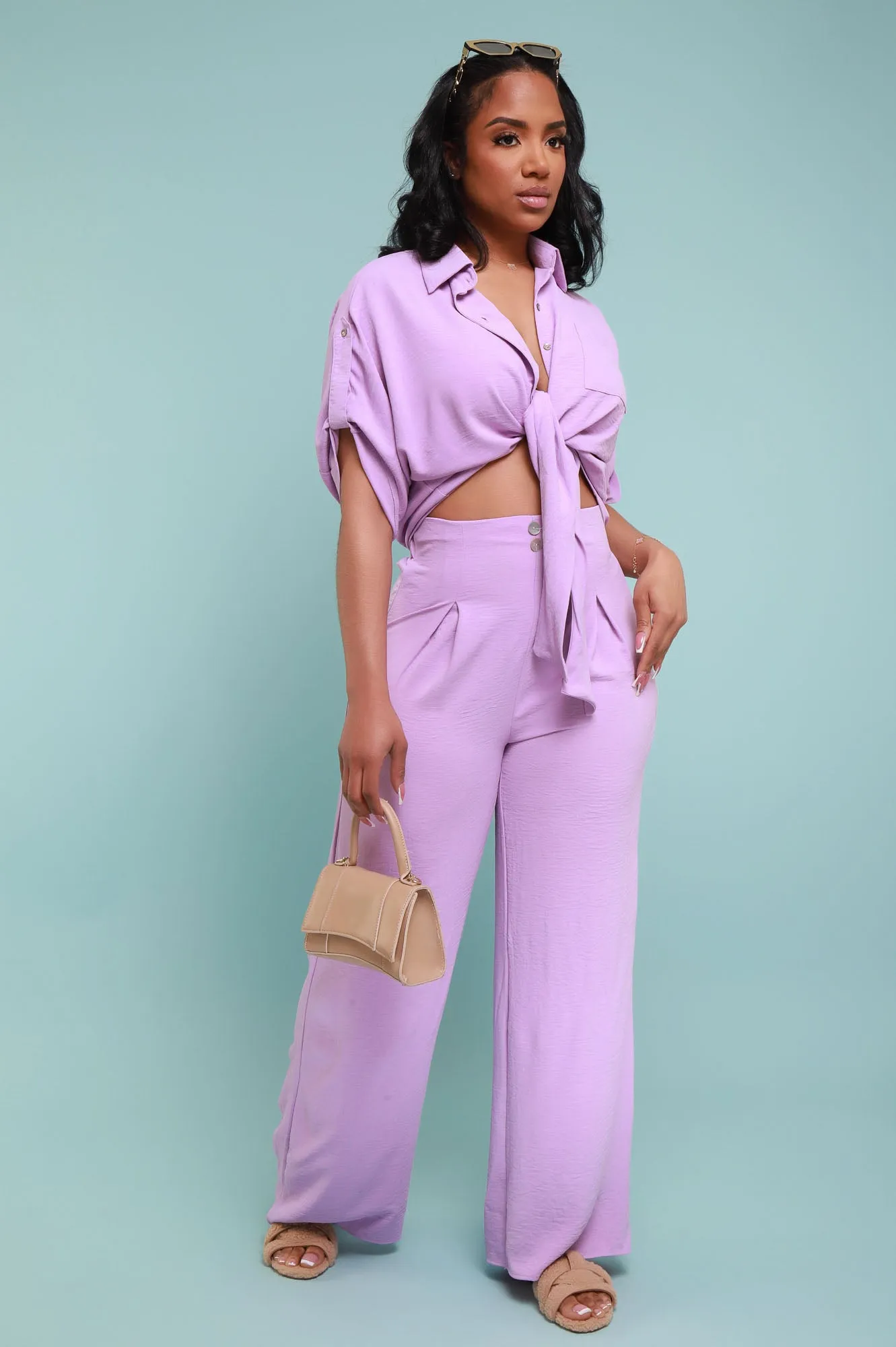 Pamper Me Short Sleeve Button Down Top - Lavender
