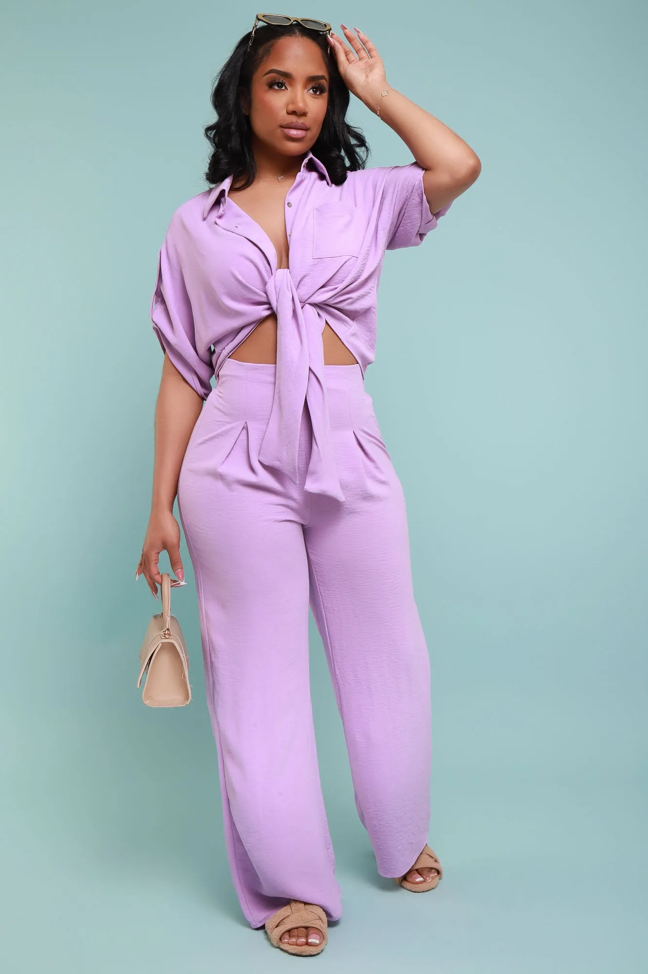 Pamper Me Short Sleeve Button Down Top - Lavender