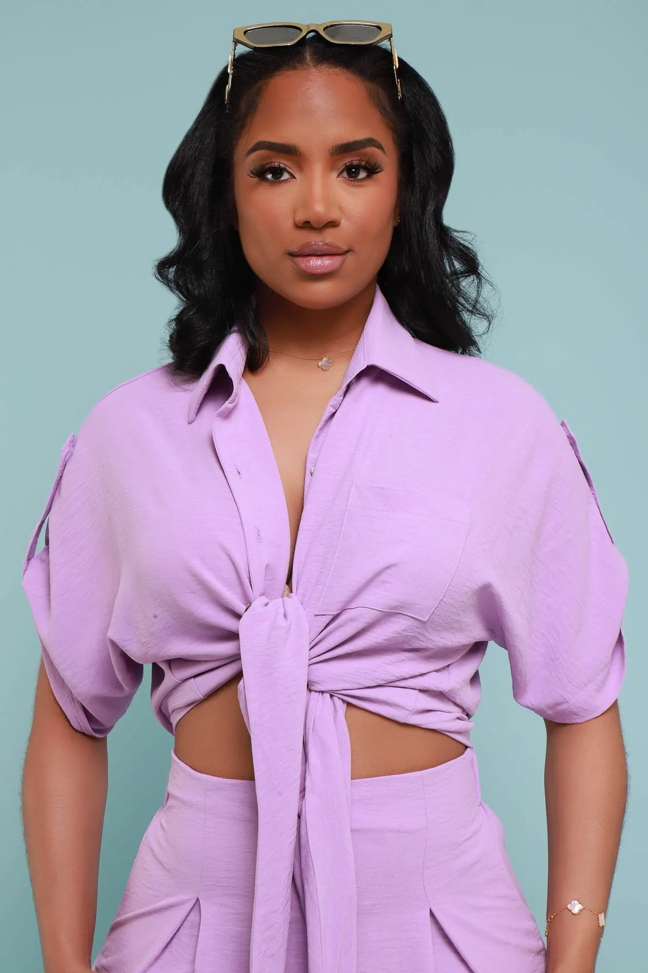 Pamper Me Short Sleeve Button Down Top - Lavender