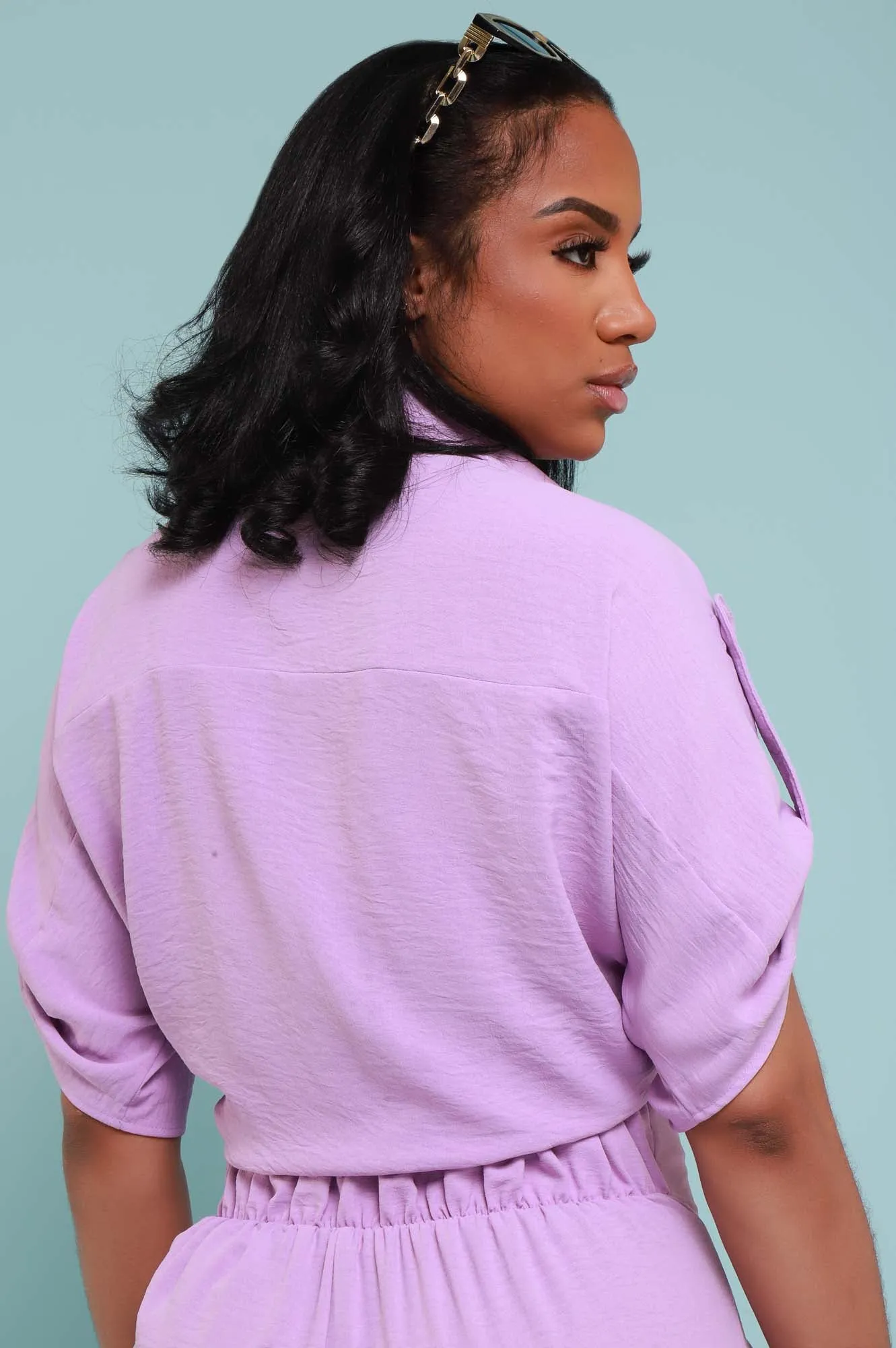 Pamper Me Short Sleeve Button Down Top - Lavender