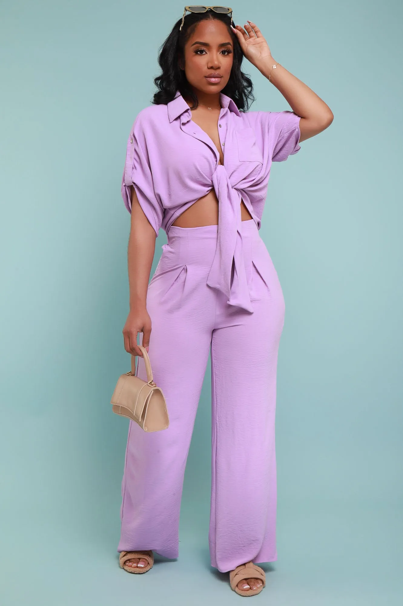 Pamper Me Short Sleeve Button Down Top - Lavender