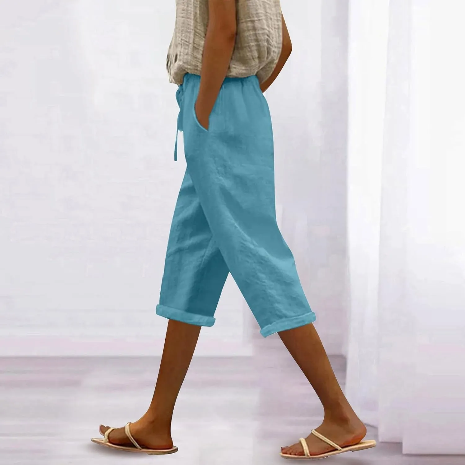 Petite Pants for Women Linen Capri Casual 2025 Summer Drawstring Elastic High Waist Cropped Trousers Plus Size