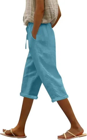 Petite Pants for Women Linen Capri Casual 2025 Summer Drawstring Elastic High Waist Cropped Trousers Plus Size