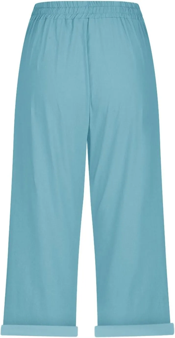 Petite Pants for Women Linen Capri Casual 2025 Summer Drawstring Elastic High Waist Cropped Trousers Plus Size