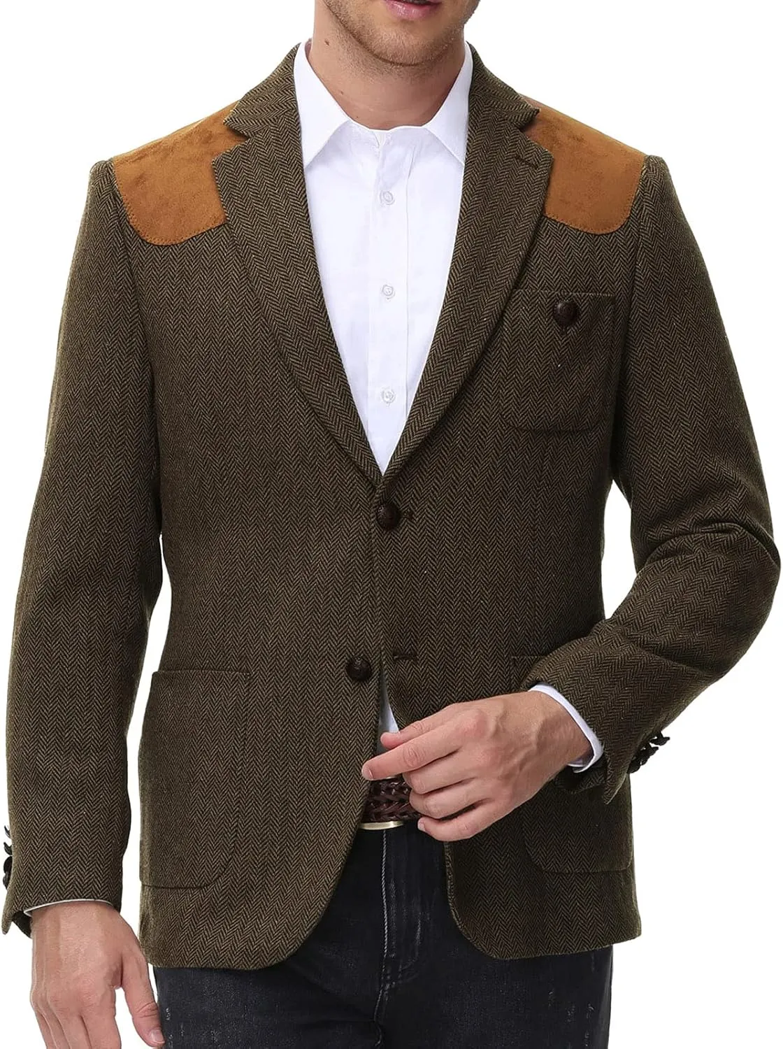 PJ PAUL JONES Men's Blazer Herringbone Tweed Sport Coats Two Button Wool Blend Formal Jacket