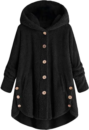 Plus Size Cardigan for Women Loose Button Down Hooded Sweater Long Sleeve Solid Fuzzy Jacket Coat 2024 Fall Winter
