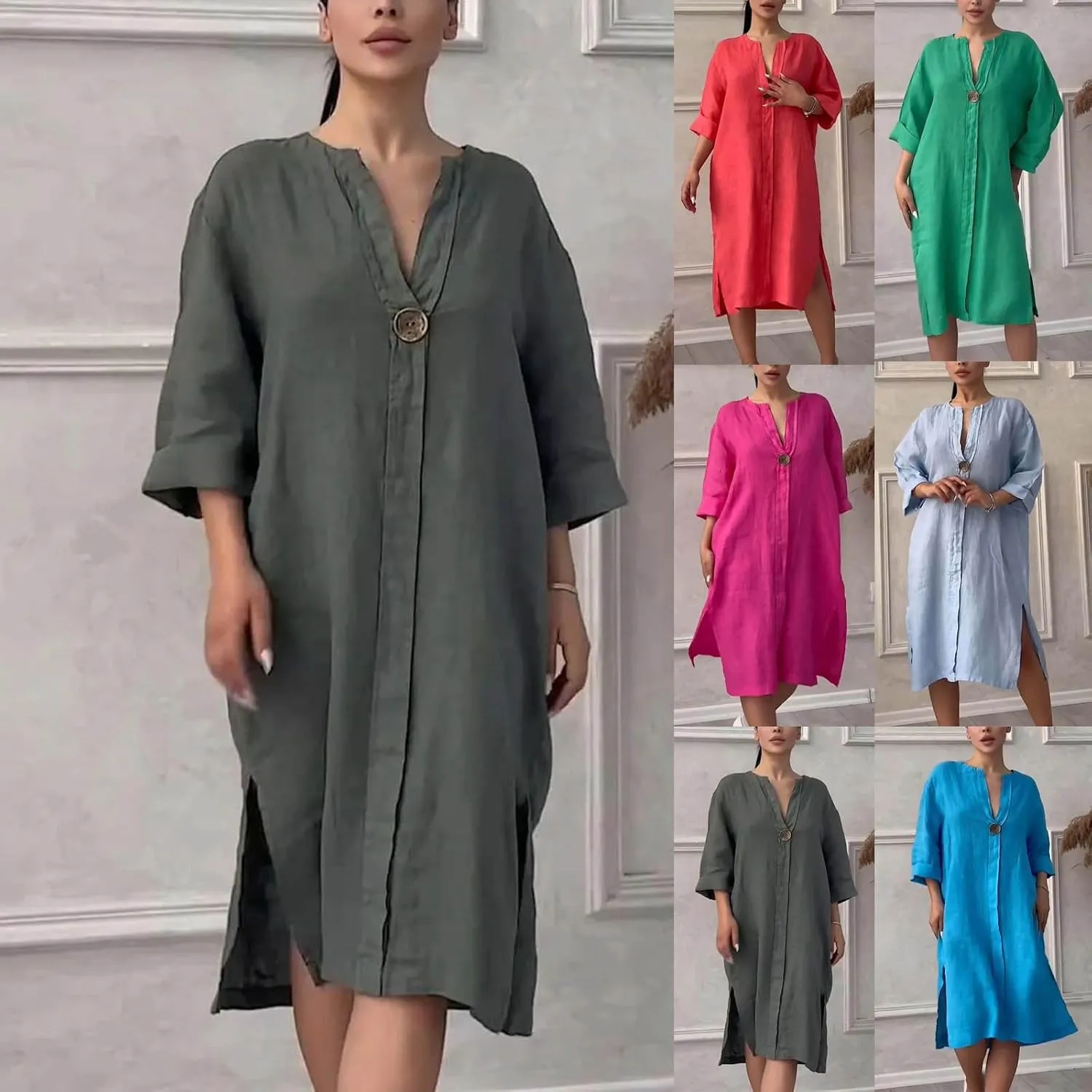 Plus Size Cotton Linen Dress Women's Summer Loose V Neck Vintage 3/4 Sleeve Baggy Lightweight Casual Solid Midi Dress