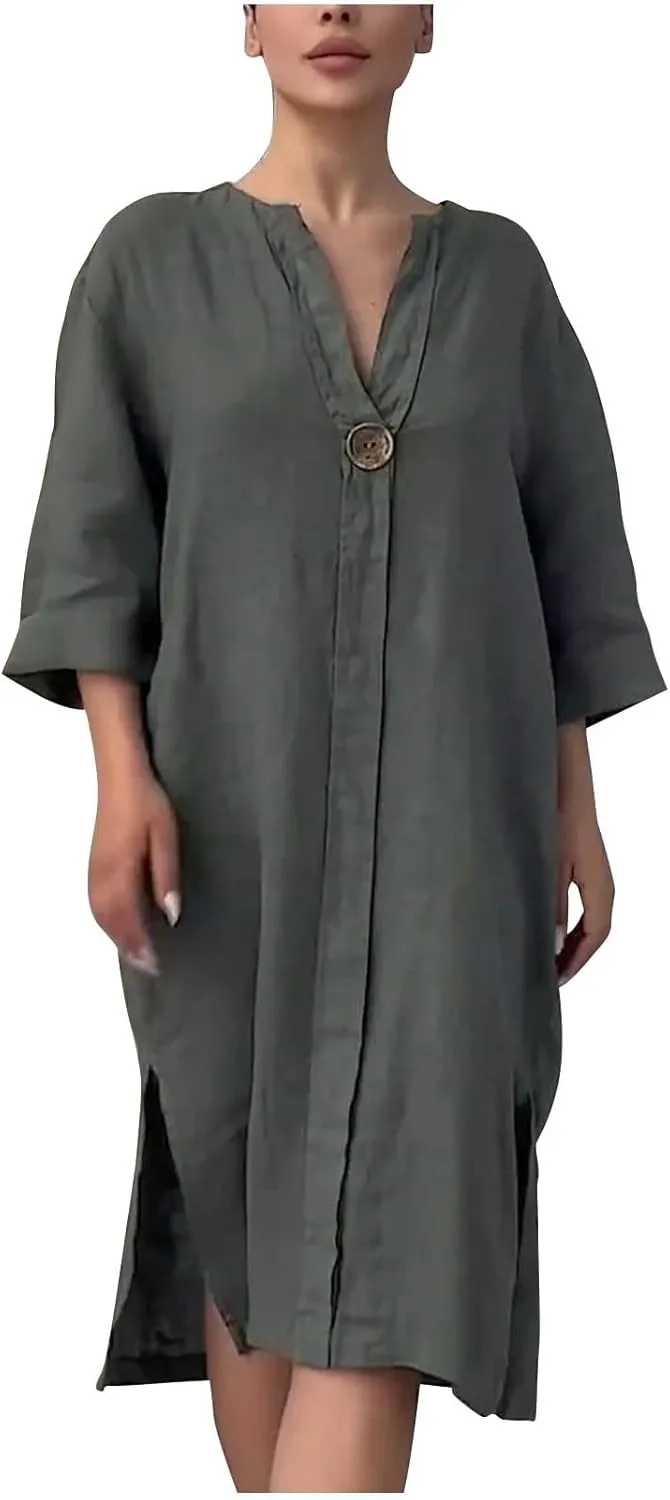 Plus Size Cotton Linen Dress Women's Summer Loose V Neck Vintage 3/4 Sleeve Baggy Lightweight Casual Solid Midi Dress