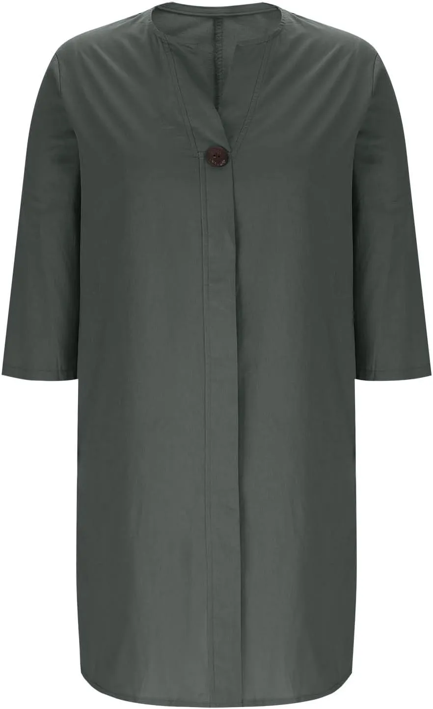 Plus Size Cotton Linen Dress Women's Summer Loose V Neck Vintage 3/4 Sleeve Baggy Lightweight Casual Solid Midi Dress