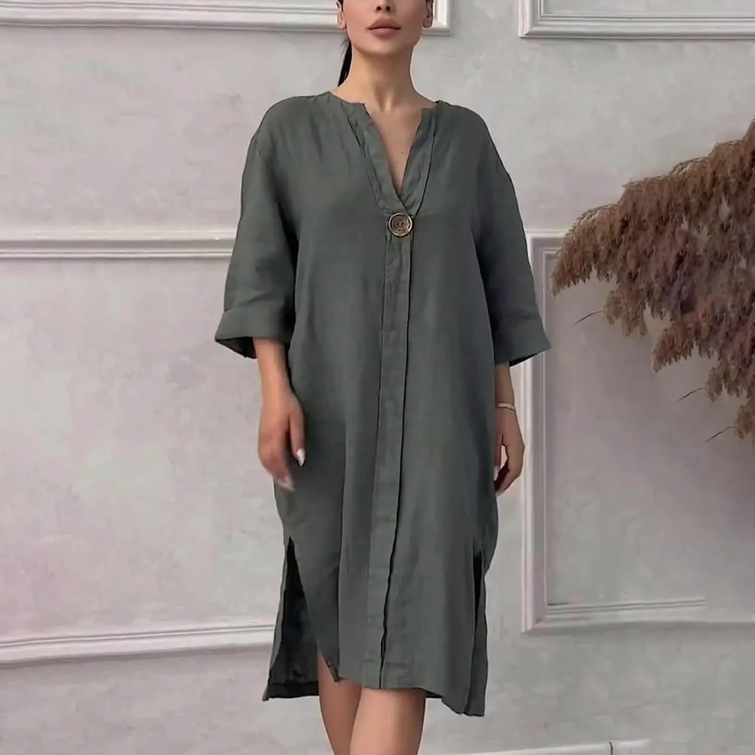 Plus Size Cotton Linen Dress Women's Summer Loose V Neck Vintage 3/4 Sleeve Baggy Lightweight Casual Solid Midi Dress