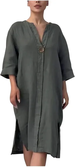 Plus Size Cotton Linen Dress Women's Summer Loose V Neck Vintage 3/4 Sleeve Baggy Lightweight Casual Solid Midi Dress