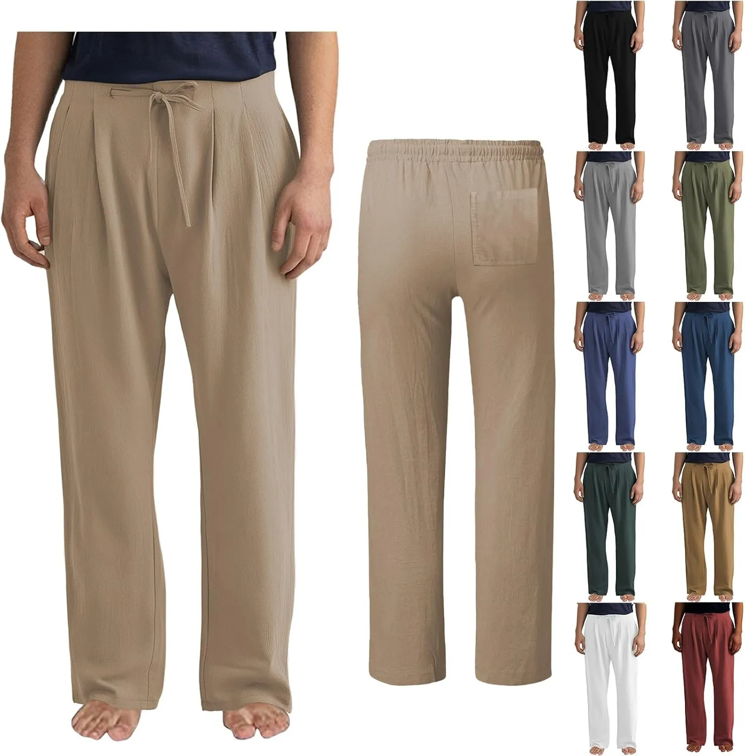 Plus Size Linen Pants Men Trendy Flat Front Pants Solid Straight Slacks Summer Drawstring Casual Trousers with Pocket