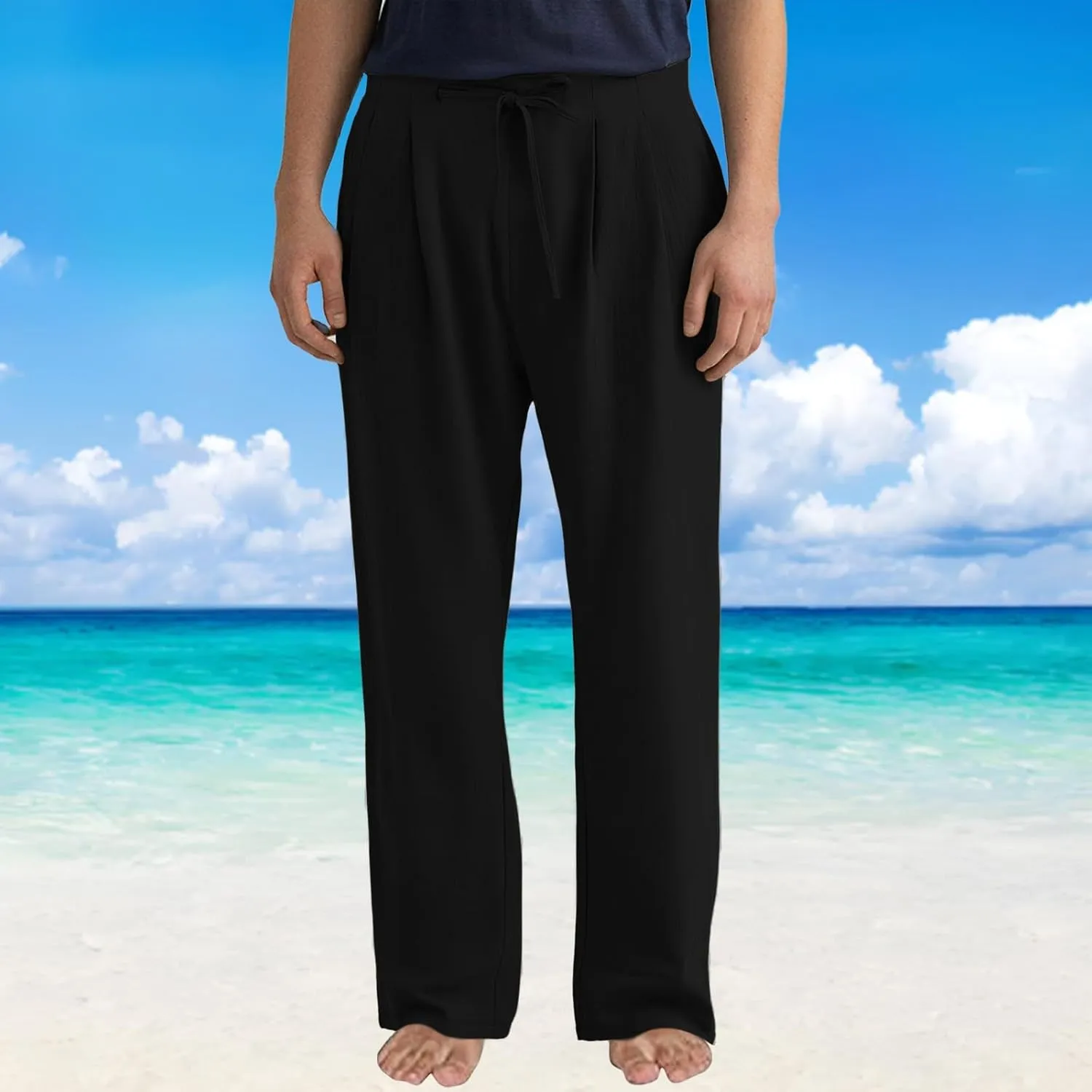 Plus Size Linen Pants Men Trendy Flat Front Pants Solid Straight Slacks Summer Drawstring Casual Trousers with Pocket