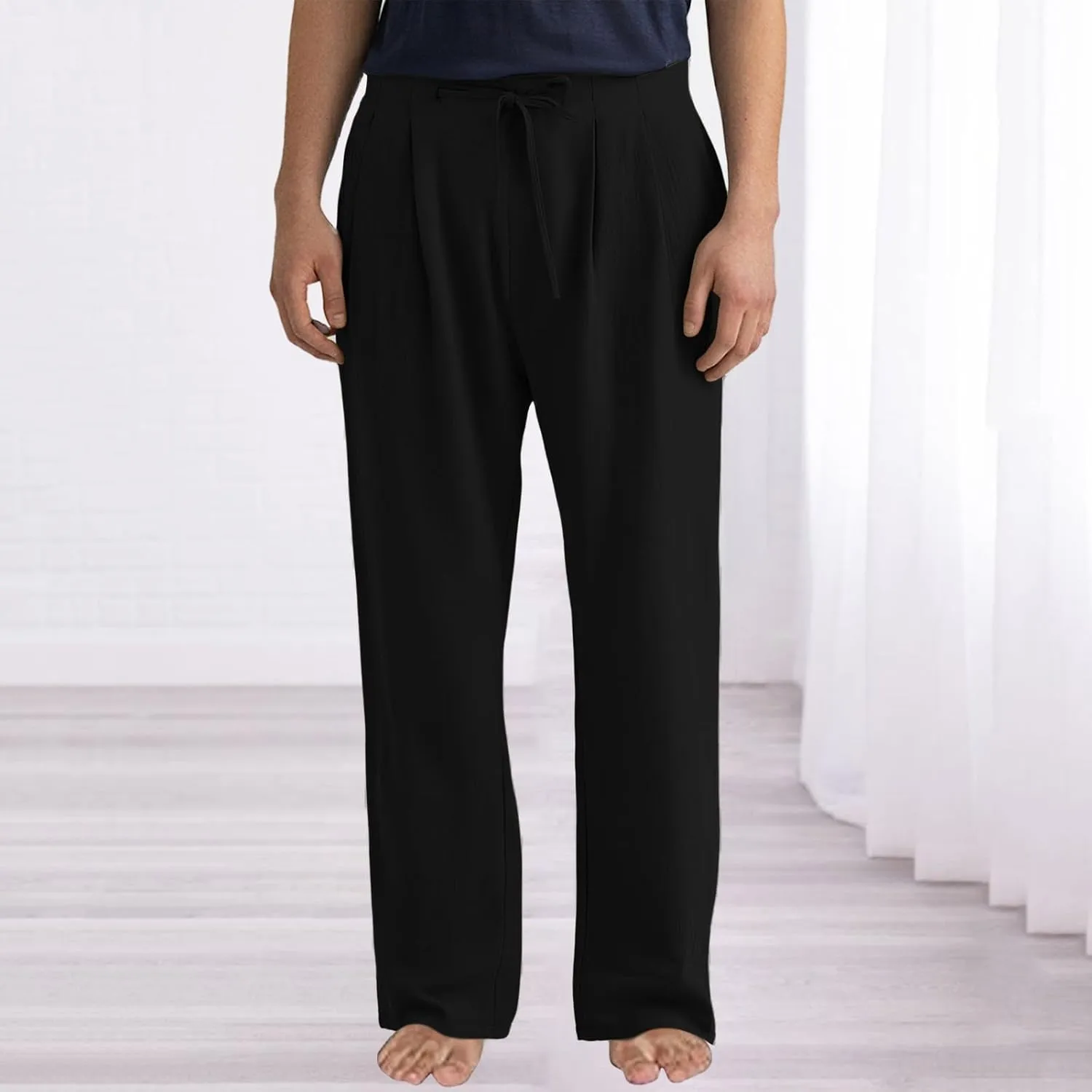 Plus Size Linen Pants Men Trendy Flat Front Pants Solid Straight Slacks Summer Drawstring Casual Trousers with Pocket