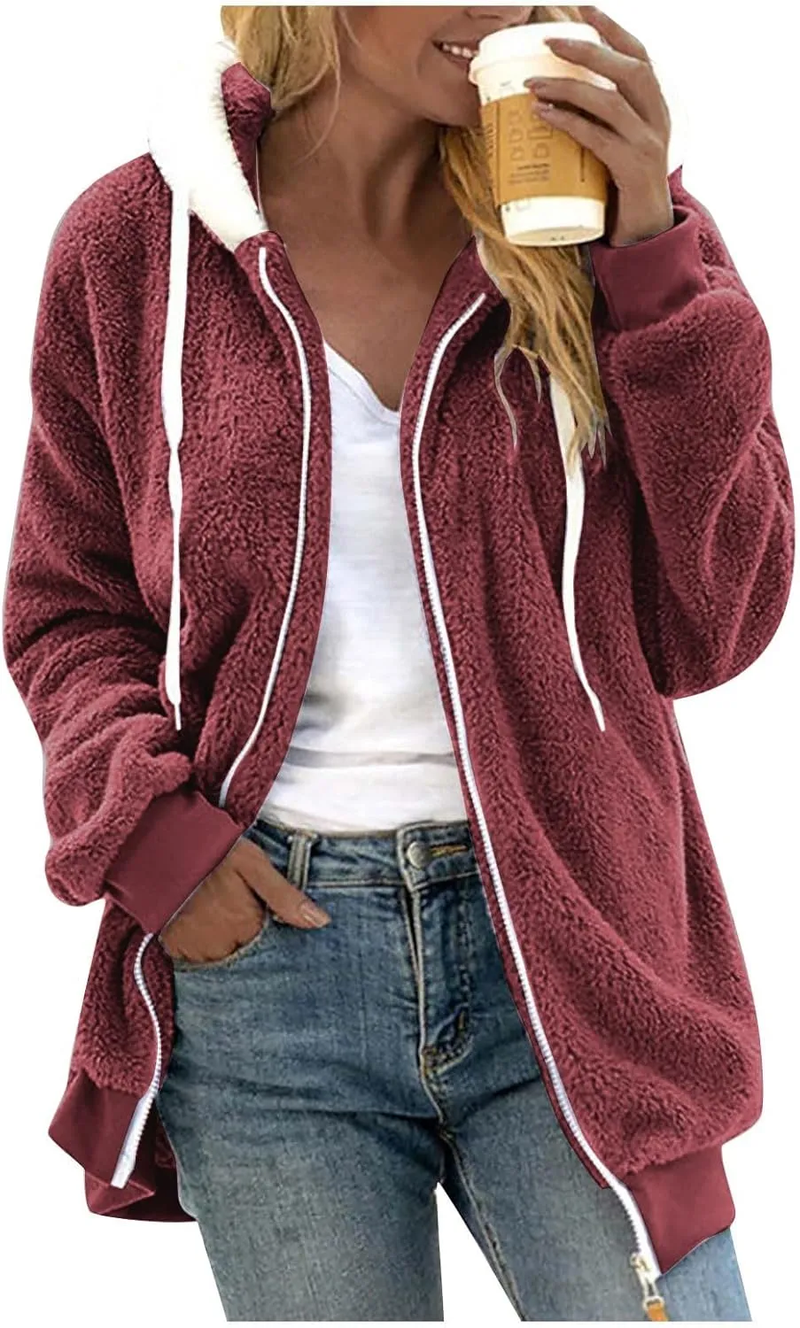 Plus Size Winter Coats for Women Drawstring Fuzzy Fleece Zip Up Hoodie Jacket Color Block Long Faux Fur Coat with Pocket