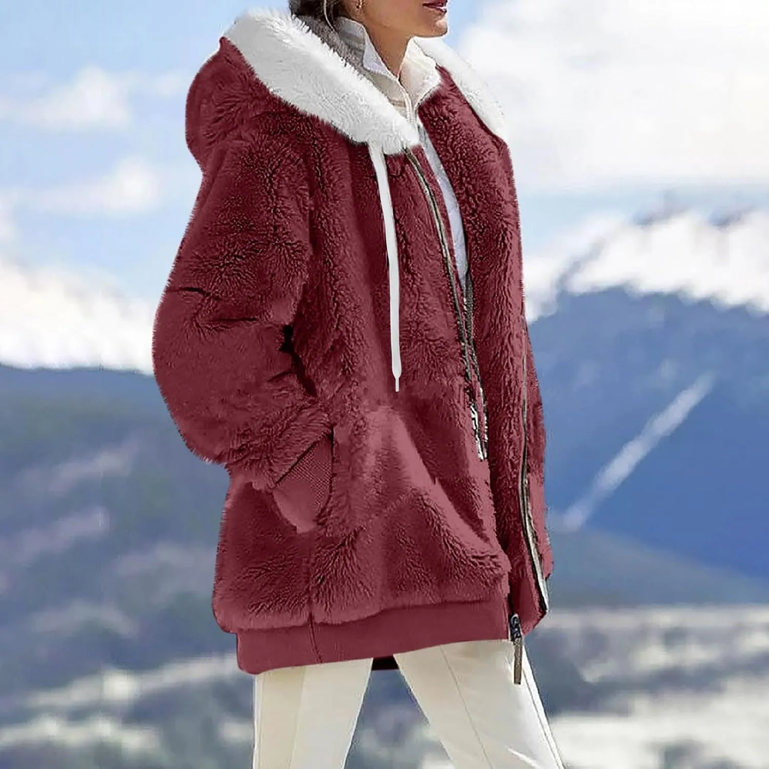 Plus Size Winter Coats for Women Drawstring Fuzzy Fleece Zip Up Hoodie Jacket Color Block Long Faux Fur Coat with Pocket