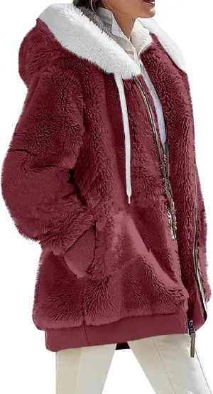 Plus Size Winter Coats for Women Drawstring Fuzzy Fleece Zip Up Hoodie Jacket Color Block Long Faux Fur Coat with Pocket