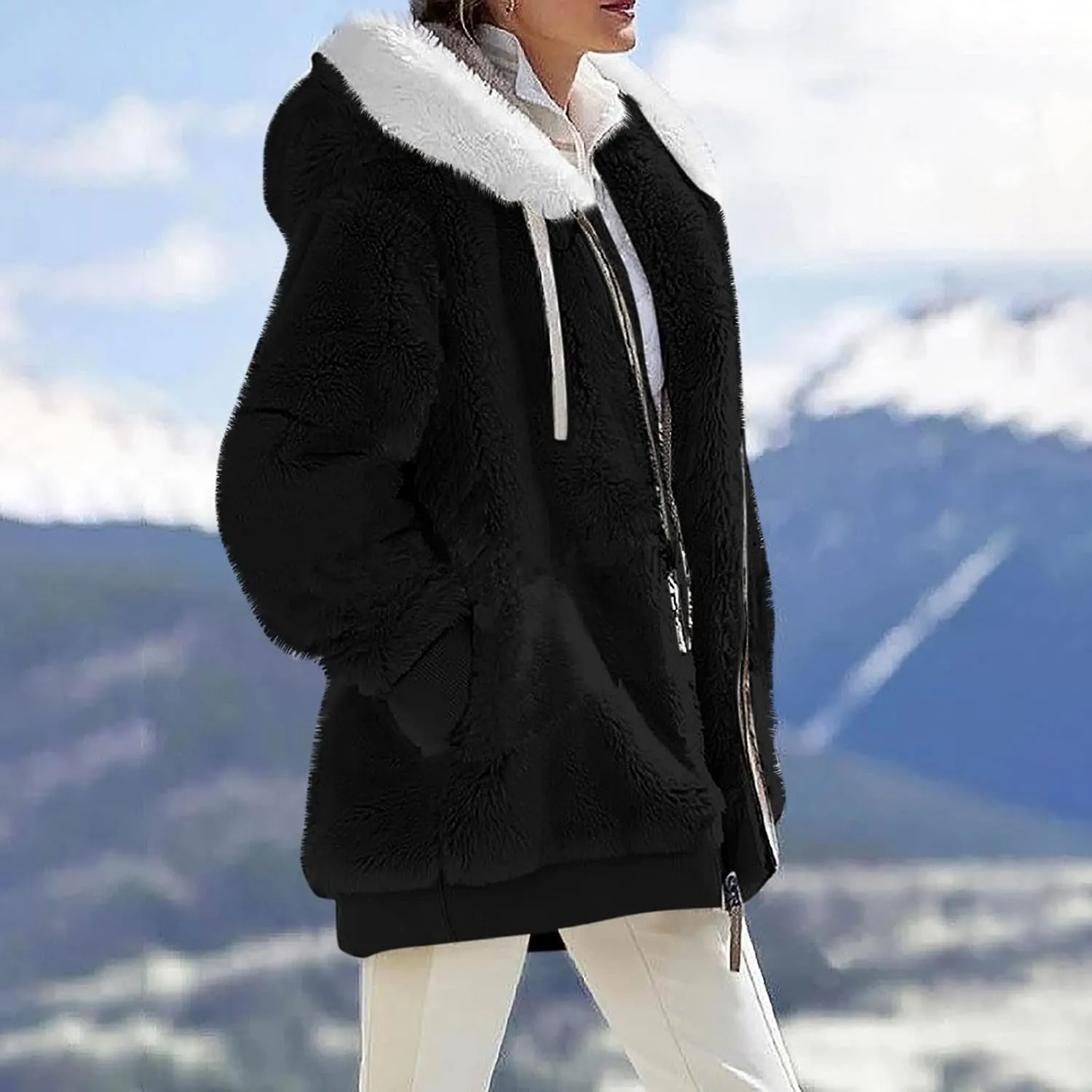 Plus Size Winter Coats for Women Fuzzy Fleece Zip Up Hoodie Jacket Drawstring Color Block Faux Fur Coat with Pocket