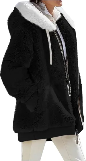 Plus Size Winter Coats for Women Fuzzy Fleece Zip Up Hoodie Jacket Drawstring Color Block Faux Fur Coat with Pocket