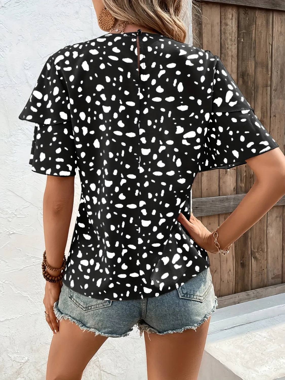 Printed Round Neck Short Sleeve Blouse Women's Top