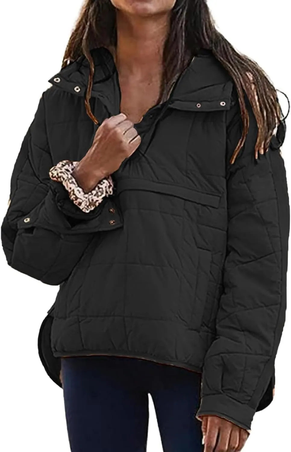 Pullover Puffer Jacket Womens Long Sleeve Oversized Quilted Hoodies Button Down Hooded Padded Coat Fall Comfy Outwear