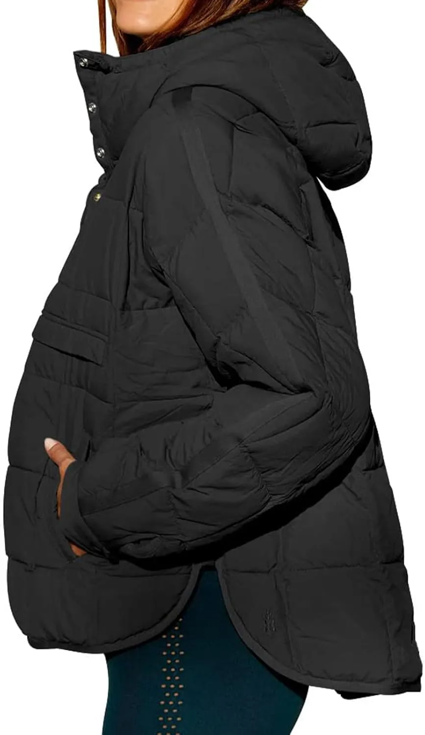 Pullover Puffer Jacket Womens Long Sleeve Oversized Quilted Hoodies Button Down Hooded Padded Coat Fall Comfy Outwear