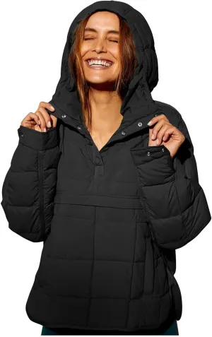 Pullover Puffer Jacket Womens Long Sleeve Oversized Quilted Hoodies Button Down Hooded Padded Coat Fall Comfy Outwear