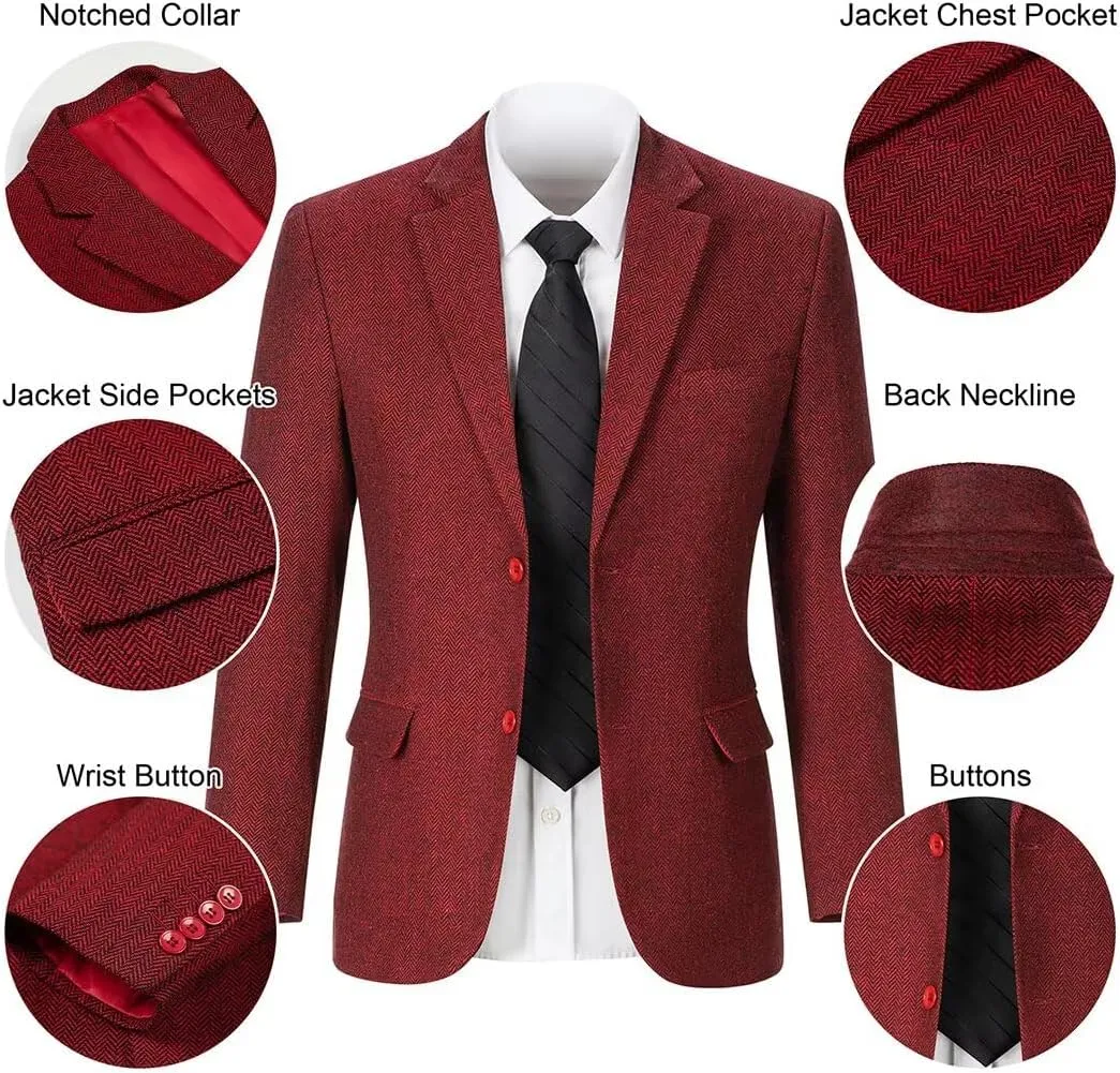 Retro Tweed Men's Suit Jackets Herringbone Slim Fit Sport Coats Blazer Prom Business Casual Men Tux Jacket Wedding Blazers