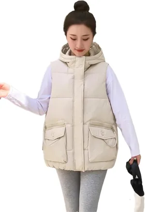 Rfmfkkg Women Solid Loose Vest Big Pocket Hooded Vest Jacket Cotton Padded Warm Waistcoat
