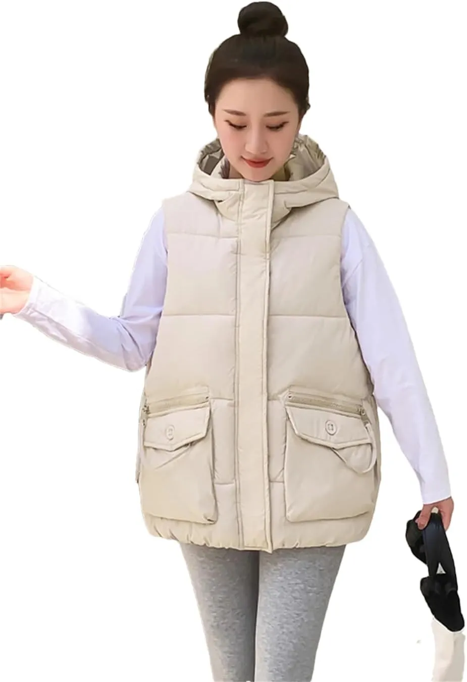 Rfmfkkg Women Solid Loose Vest Big Pocket Hooded Vest Jacket Cotton Padded Warm Waistcoat