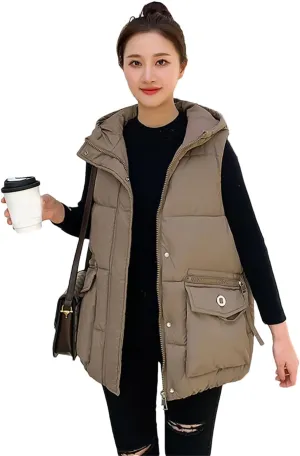 Rfmfkkg Women Solid Loose Vest Big Pocket Hooded Vest Jacket Cotton Padded Warm Waistcoat