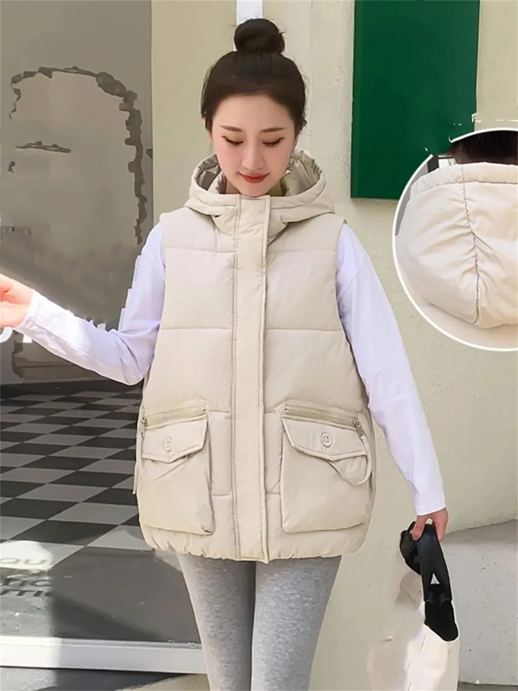 Rfmfkkg Women Solid Loose Vest Big Pocket Hooded Vest Jacket Cotton Padded Warm Waistcoat