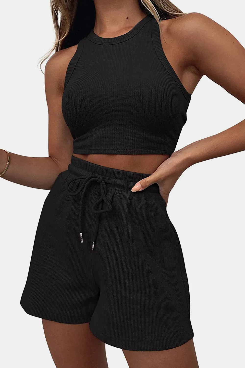 Round Neck Top and Drawstring Shorts Set - 12 Colors