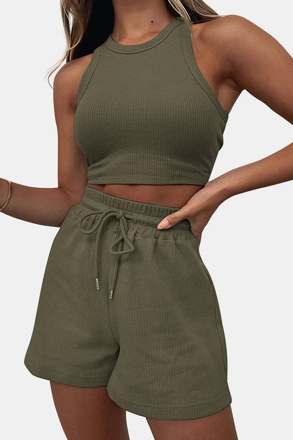 Round Neck Top and Drawstring Shorts Set - 12 Colors