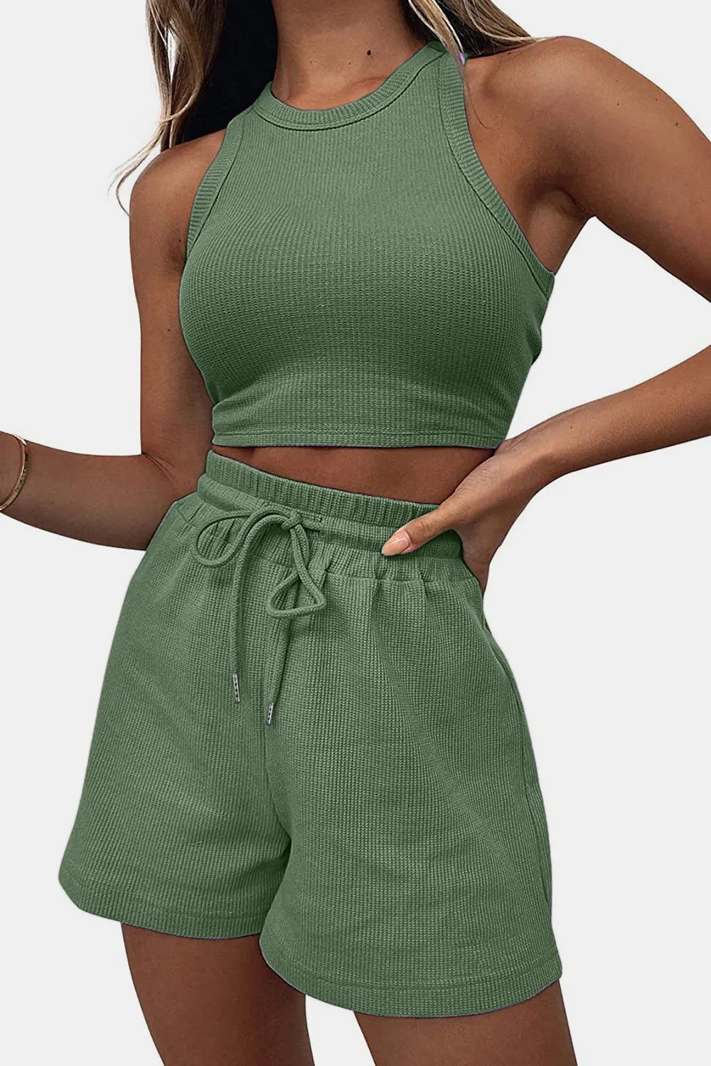 Round Neck Top and Drawstring Shorts Set - 12 Colors