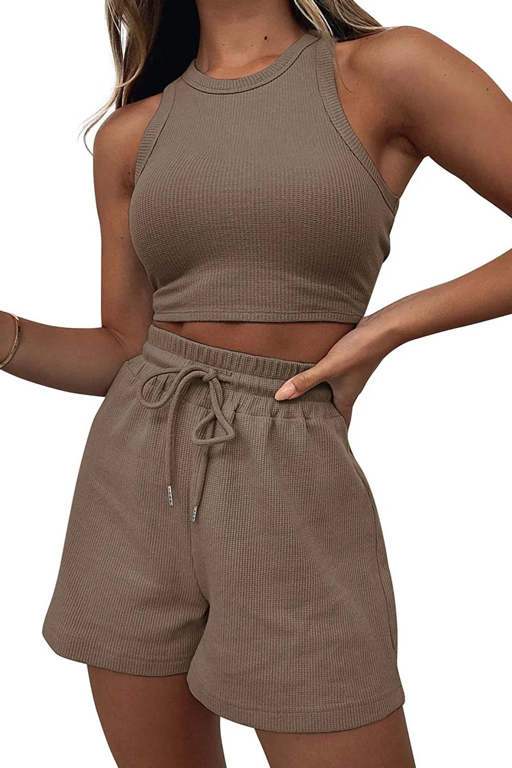 Round Neck Top and Drawstring Shorts Set - 12 Colors