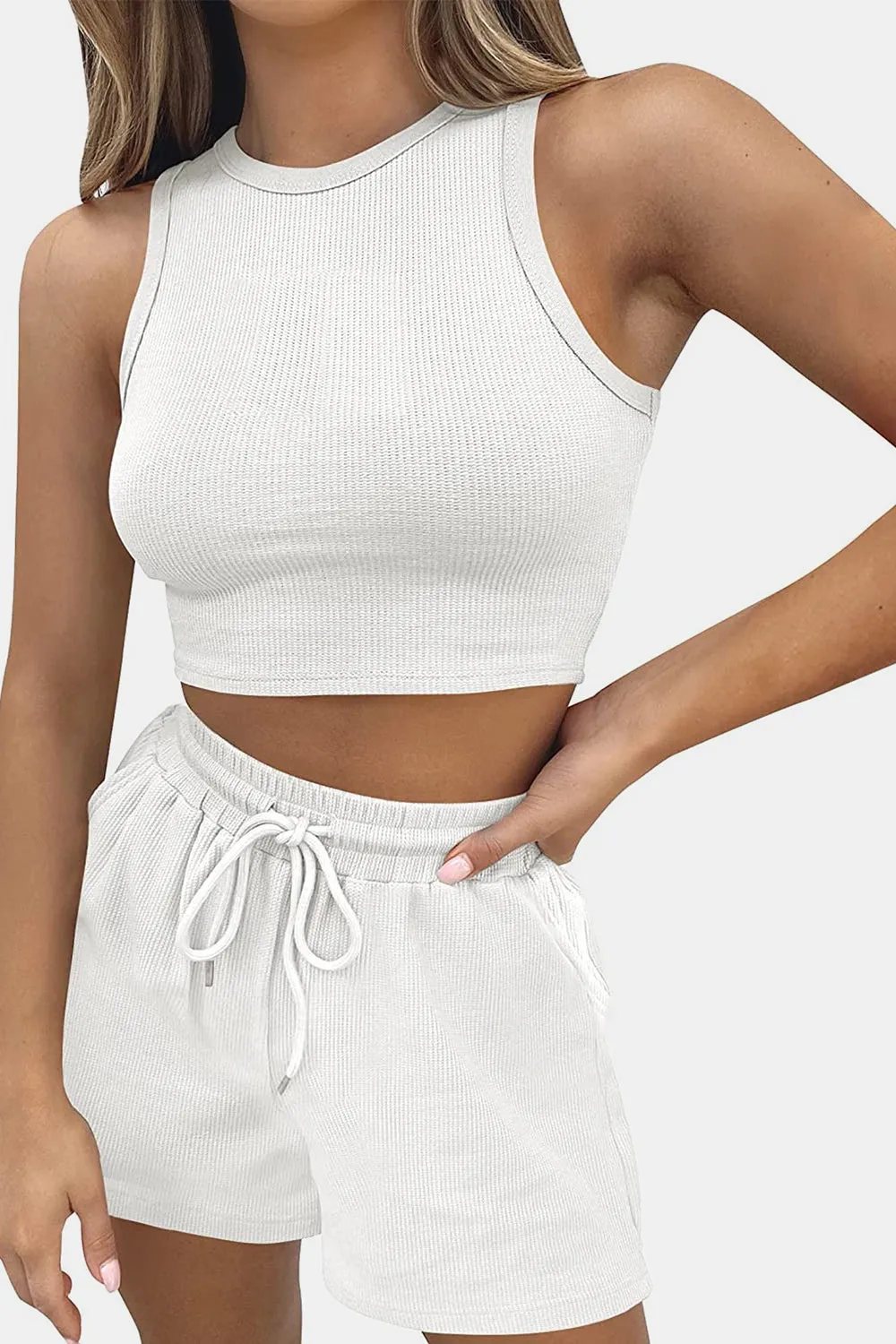 Round Neck Top and Drawstring Shorts Set - 12 Colors